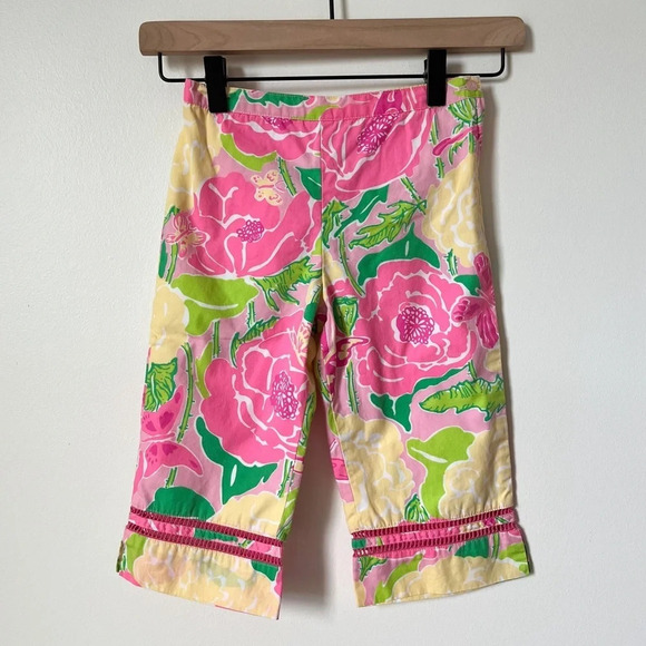 Lilly Pulitzer Other - Lilly Pulitzer Girls Floral Capris Pink Green Yellow 6X Crochet Detail Cotton